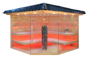 Gartensauna mit Steintowerofen und Bernstein-farbenem Marmor 3000mm x 3000mm