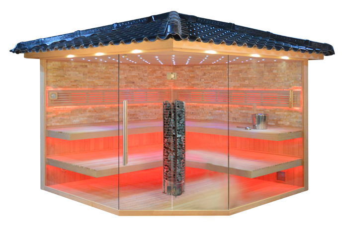 Gartensauna mit Steintowerofen und Bernstein-farbenem Marmor 3000mm x 3000mm