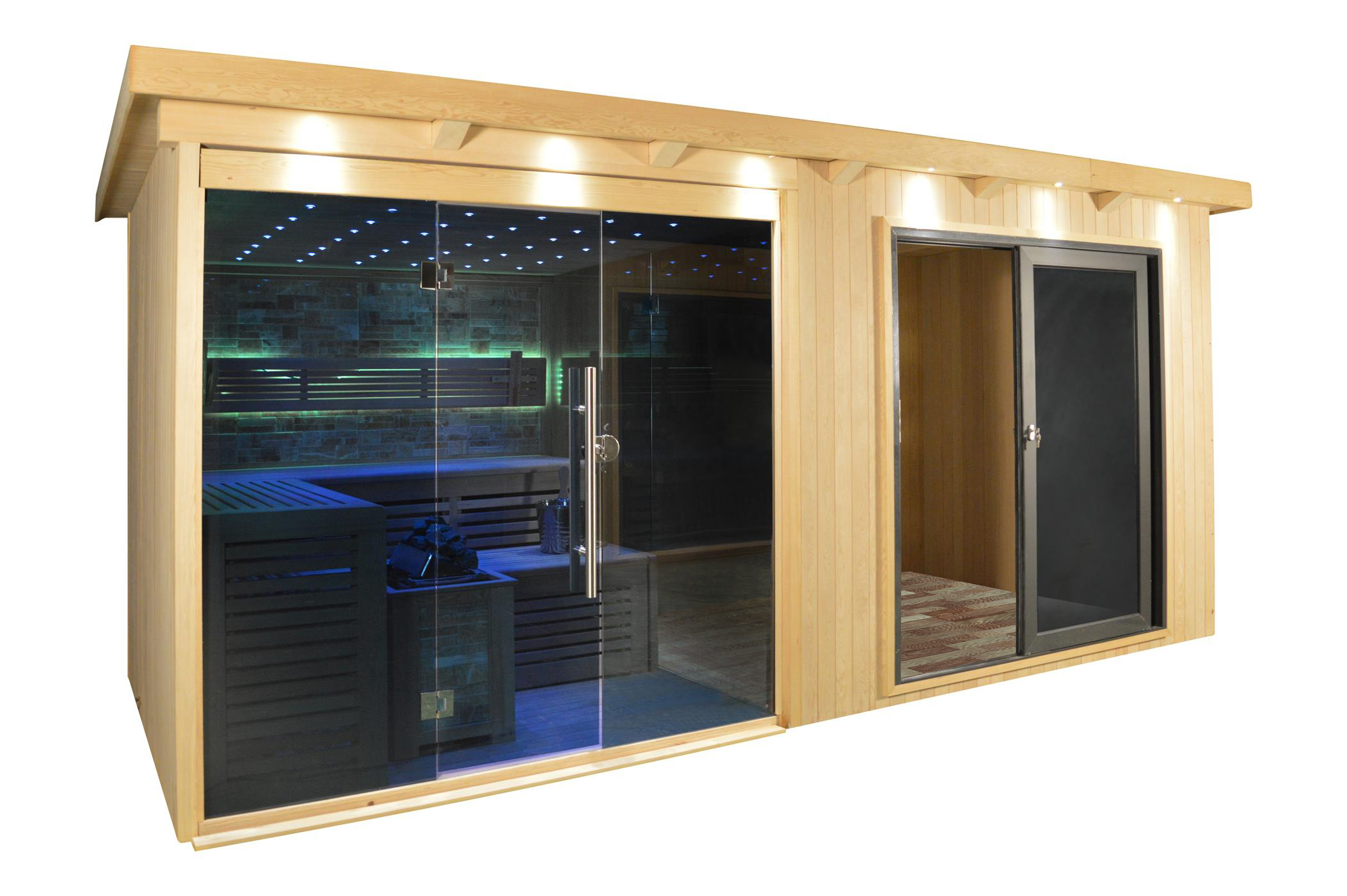 Gartensauna mit Bio-Kaminofen im Top-Design 5300mm x 2400mm